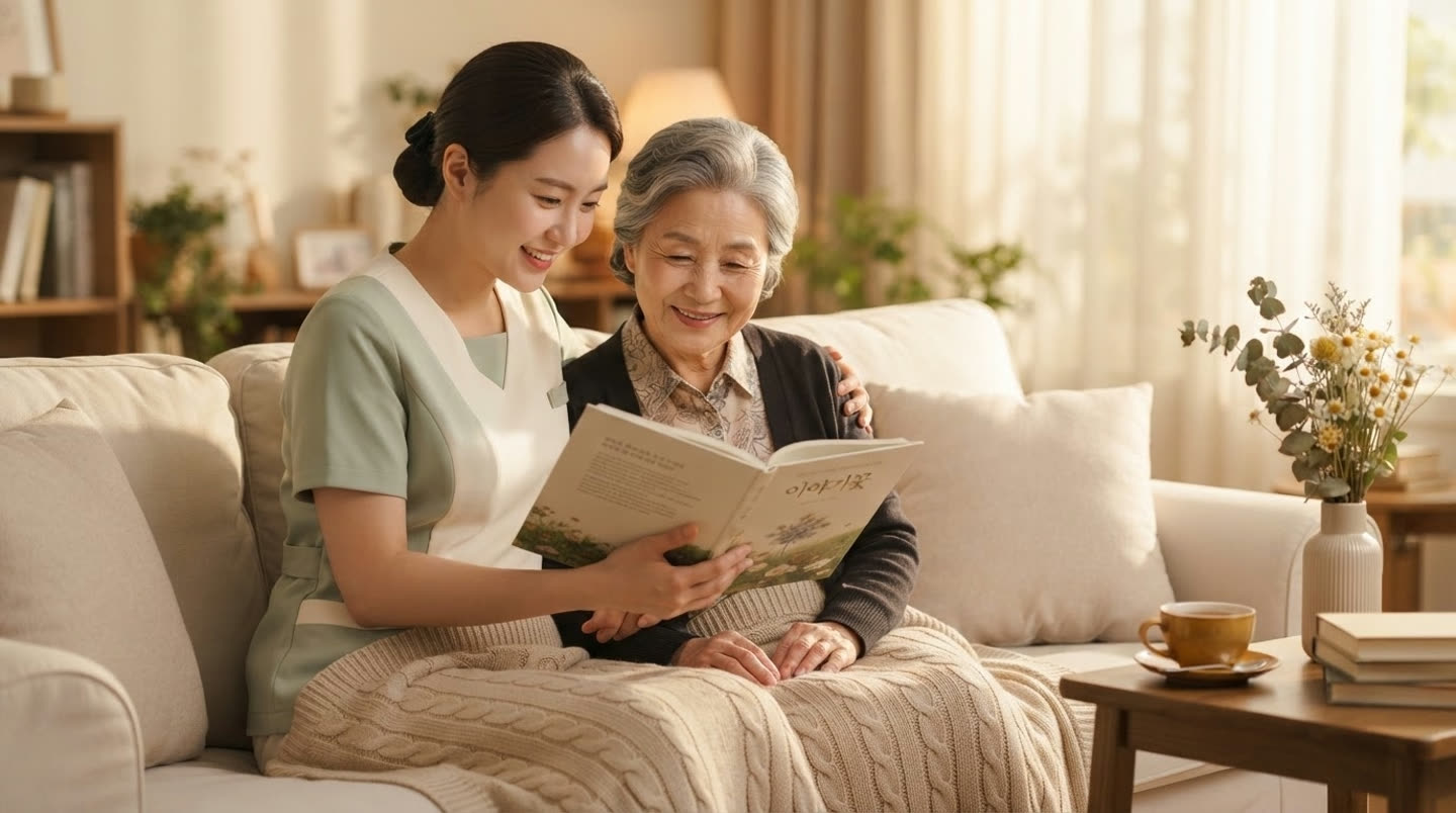 간병인이 집에서 어르신과 함께 책을 읽는 모습
